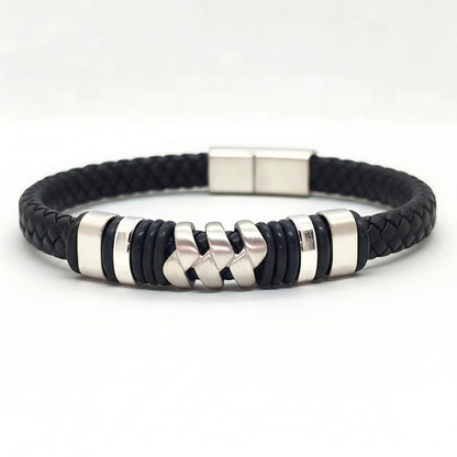 Luxury Black Leather & Silver Stainless Steel - B-118 Bracelet | Men's - Overpowered Accessories Egypt