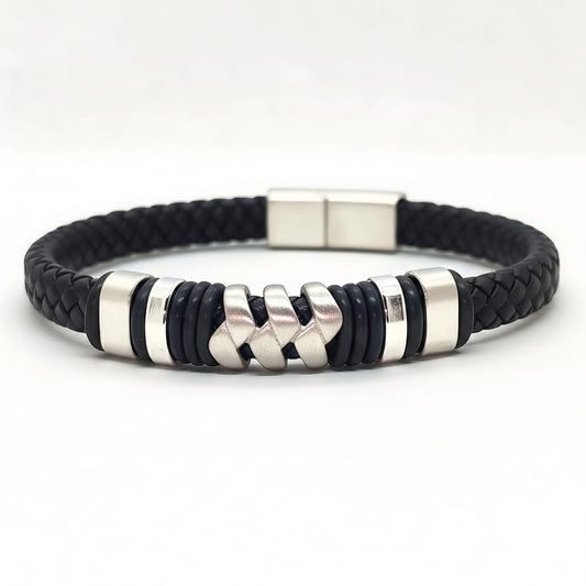 Luxury Black Leather & Silver Stainless Steel - B-118 Bracelet | Men's - Overpowered Accessories Egypt