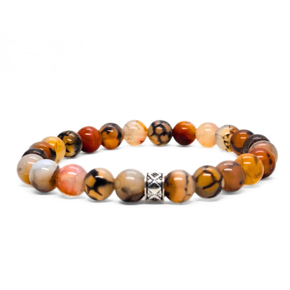 Natural agate stone beaded bracelet in orange, black, and white with a geometric silver clasp