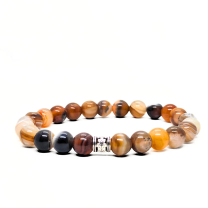 Men's beaded agate stone bracelet with brown, black, and white round beads