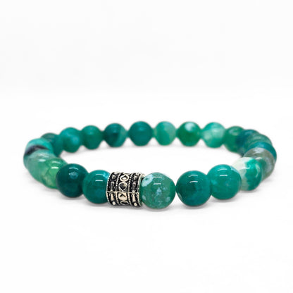 Natural green agate bead bracelet with ornate silver-tone centerpiece