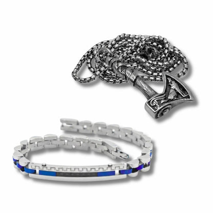 Oceanic Blade Bundle B-39 PN-002 featuring a men's bracelet with blue accents and a pendant shaped like a hammer on a chain.