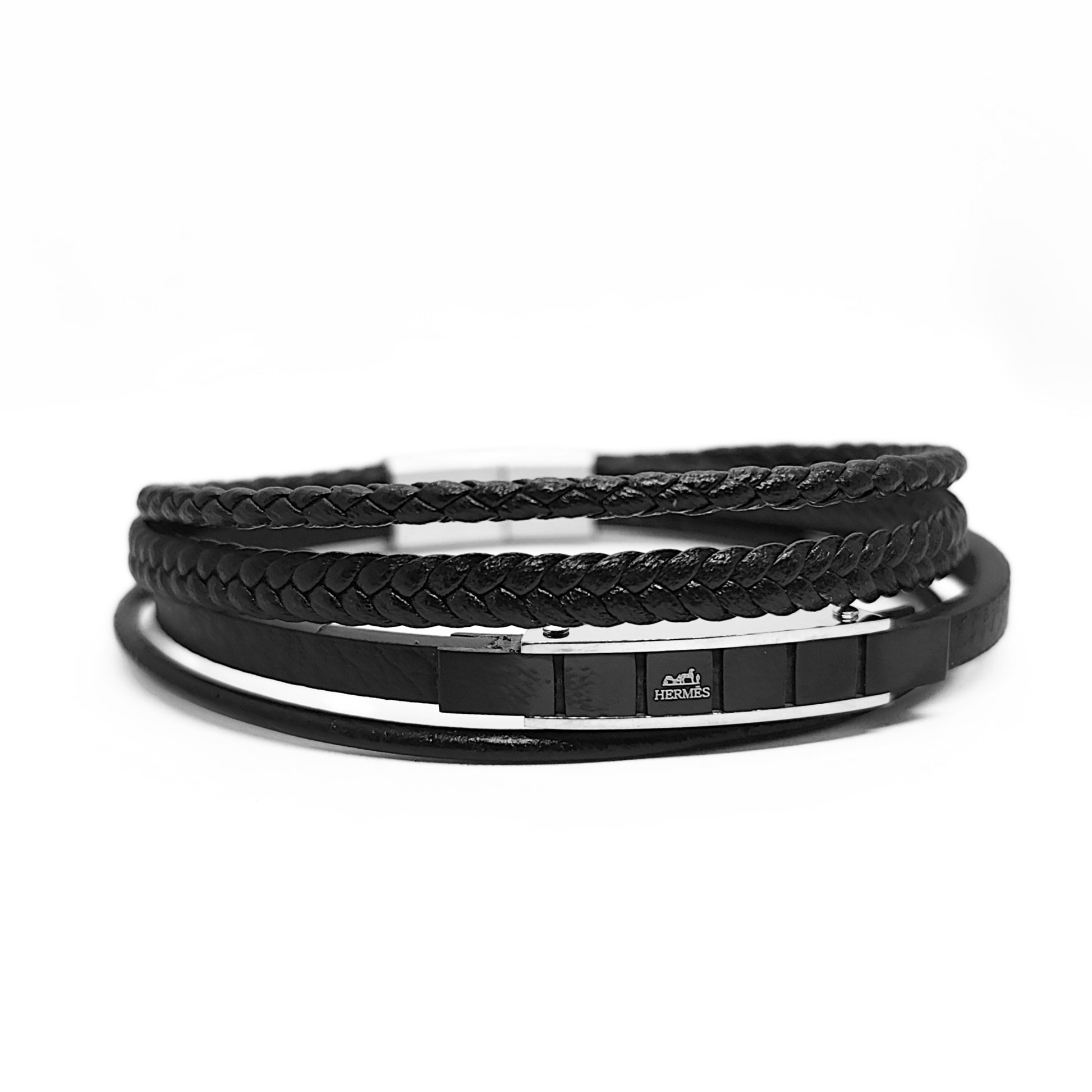 Black leather men's bracelet with braided cuff and silver-toned clasp plates