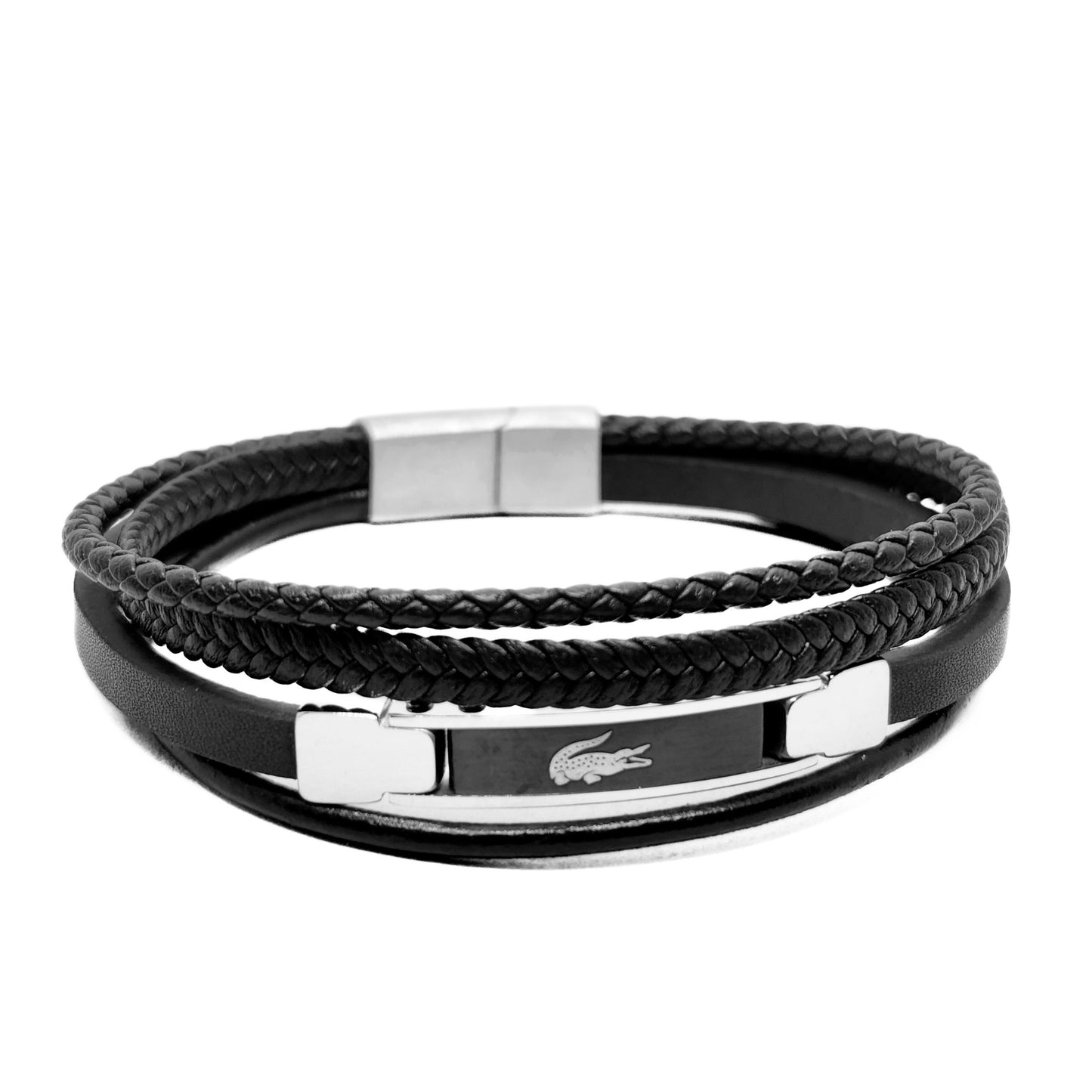 Premium Black Leather B-152 Bracelet by Overpowered Accessories featuring braided and smooth leather with a metal clasp.
