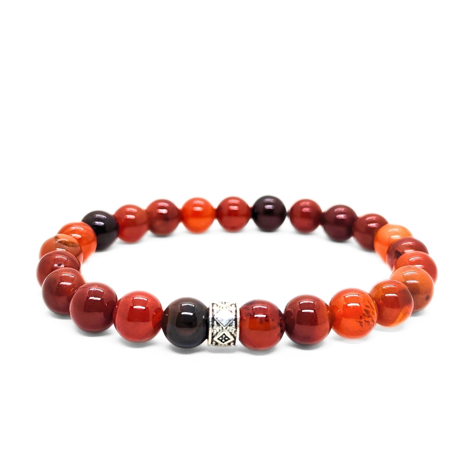 Men's red agate beaded bracelet with dark beads and silver geometric centerpiece