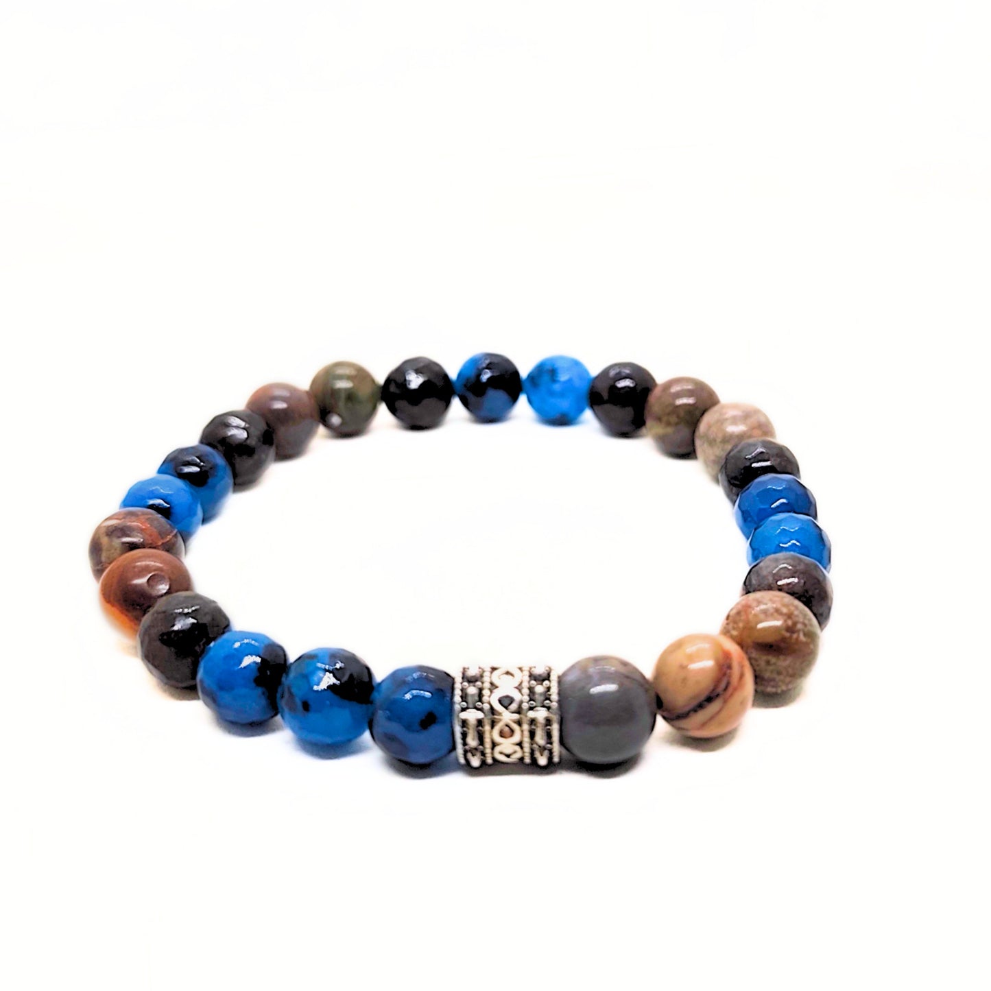 Natural Agate Stone - G-23 Bracelet featuring a mix of blue, brown, and black beads with a decorative silver spacer.