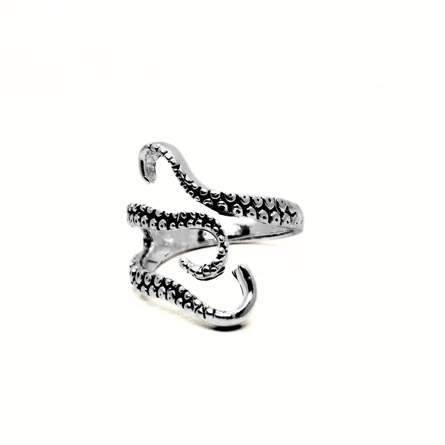 Minimalist Zinc Alloy R-2 Ring by Overpowered Accessories featuring a unique octopus tentacle design in silver.