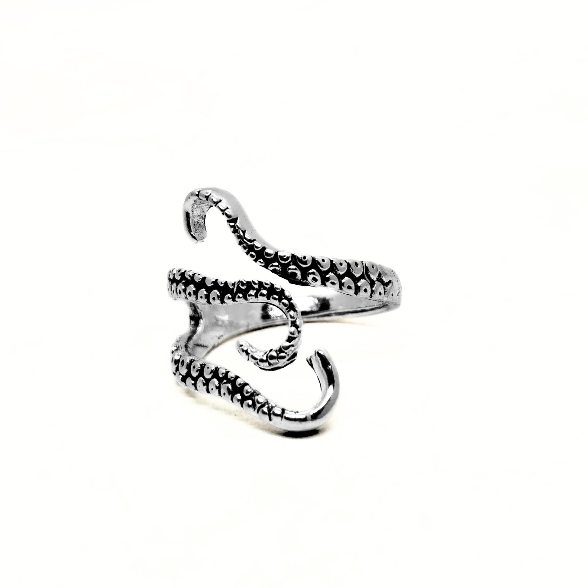 Minimalist Zinc Alloy R-2 Ring by Overpowered Accessories featuring a unique octopus tentacle design in silver.