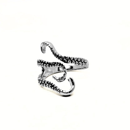 Minimalist Zinc Alloy R-2 Ring by Overpowered Accessories featuring a unique octopus tentacle design in silver.