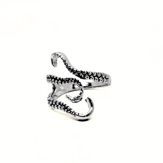 Minimalist Zinc Alloy R-2 Ring by Overpowered Accessories featuring a unique octopus tentacle design in silver.