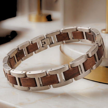 Luxury Natural Walnut Wood & Stainless Steel Bracelet - B-191 | Men's - Overpowered Accessories