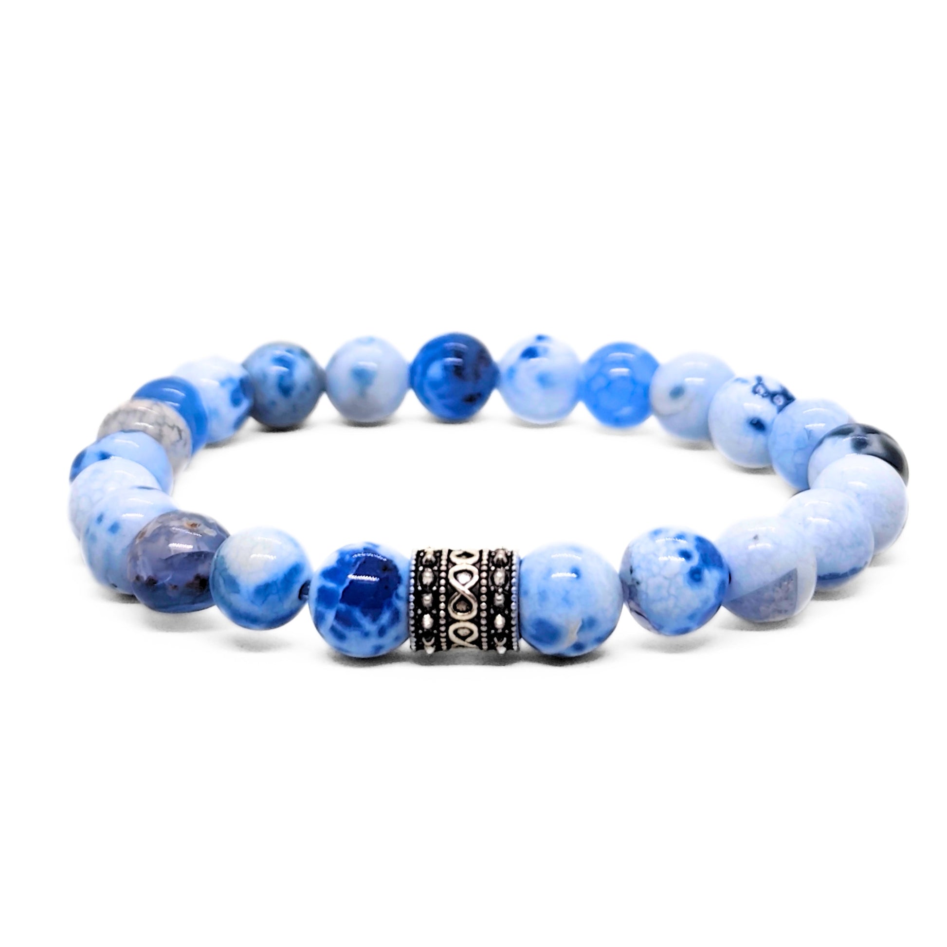 Blue-and-white agate bead bracelet with a black patterned metal spacer center.
