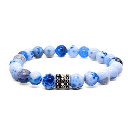 Blue-and-white agate bead bracelet with a black patterned metal spacer center.