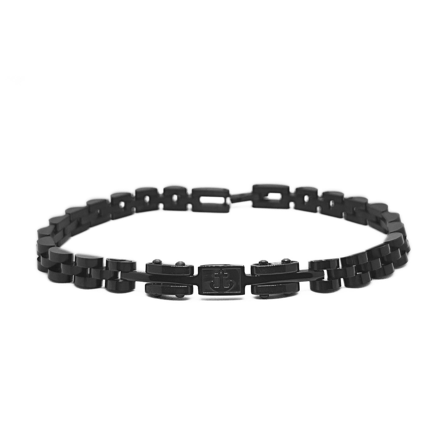 Men's black stainless steel anchor bracelet with center anchor charm and buckle links
