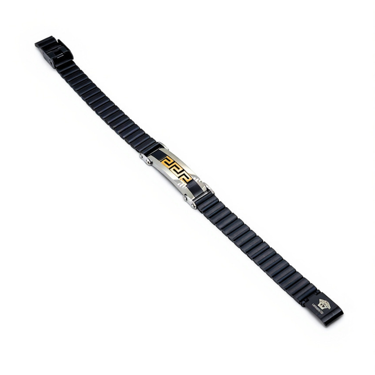 Black stainless steel watch-link bracelet with silver and gold-tone Greek key plate laid flat, B-206, Overpowered Accessories