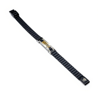 Black stainless steel watch-link bracelet with silver and gold-tone Greek key plate laid flat, B-206, Overpowered Accessories