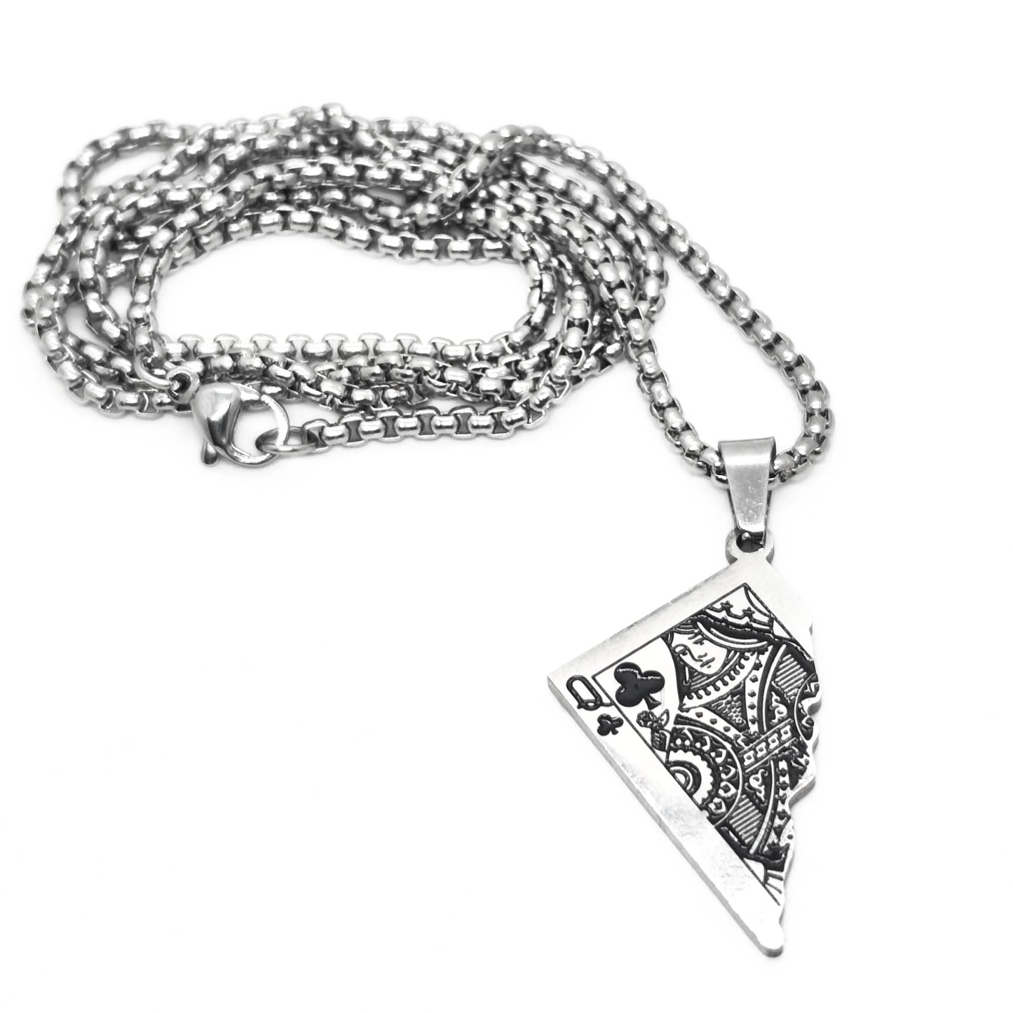 Silver PN-10 Queen Card Pendant necklace with intricate design on a chain, suitable for men.