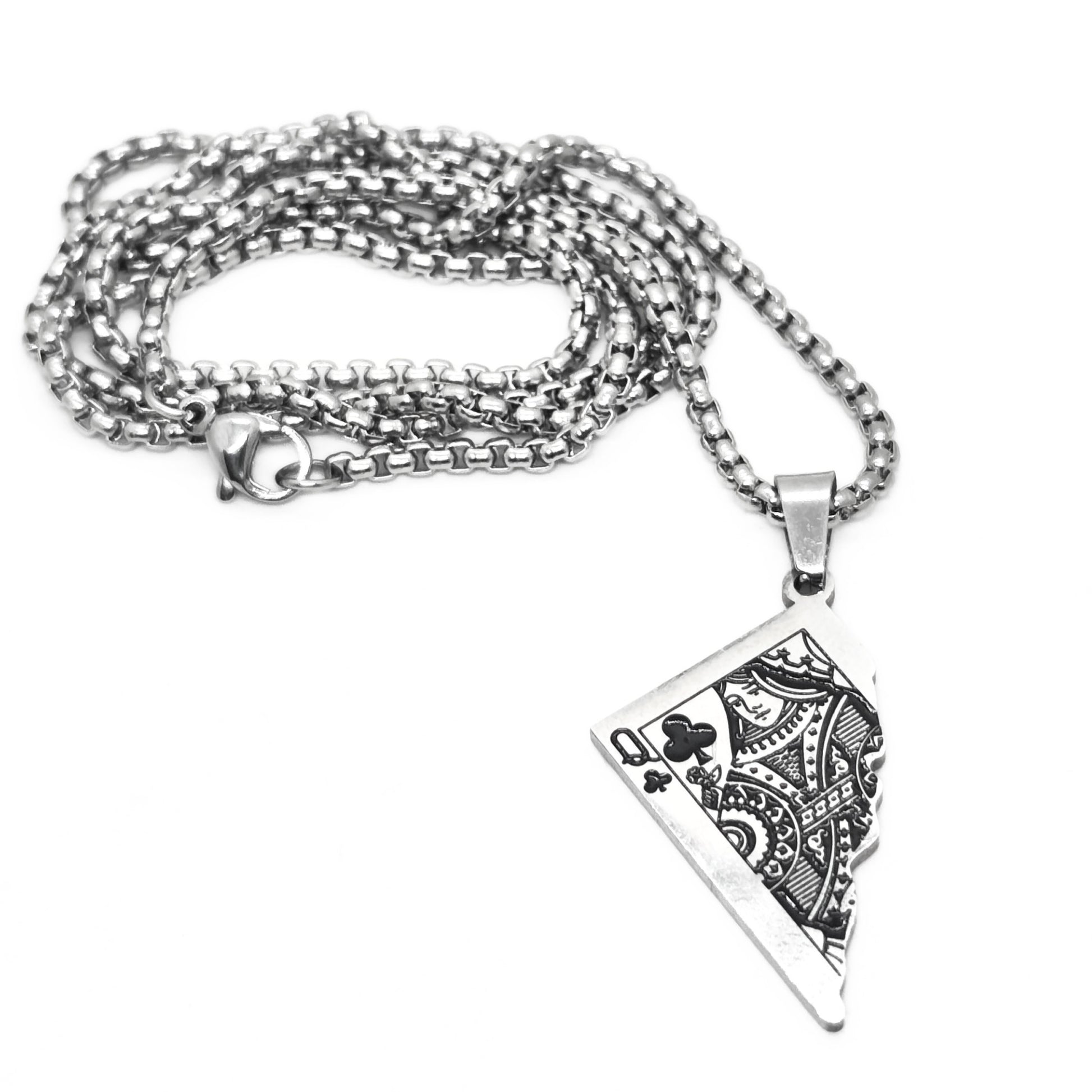 Silver PN-10 Queen Card Pendant necklace with intricate design on a chain, suitable for men.