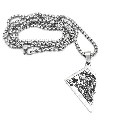 Silver PN-10 Queen Card Pendant necklace with intricate design on a chain, suitable for men.