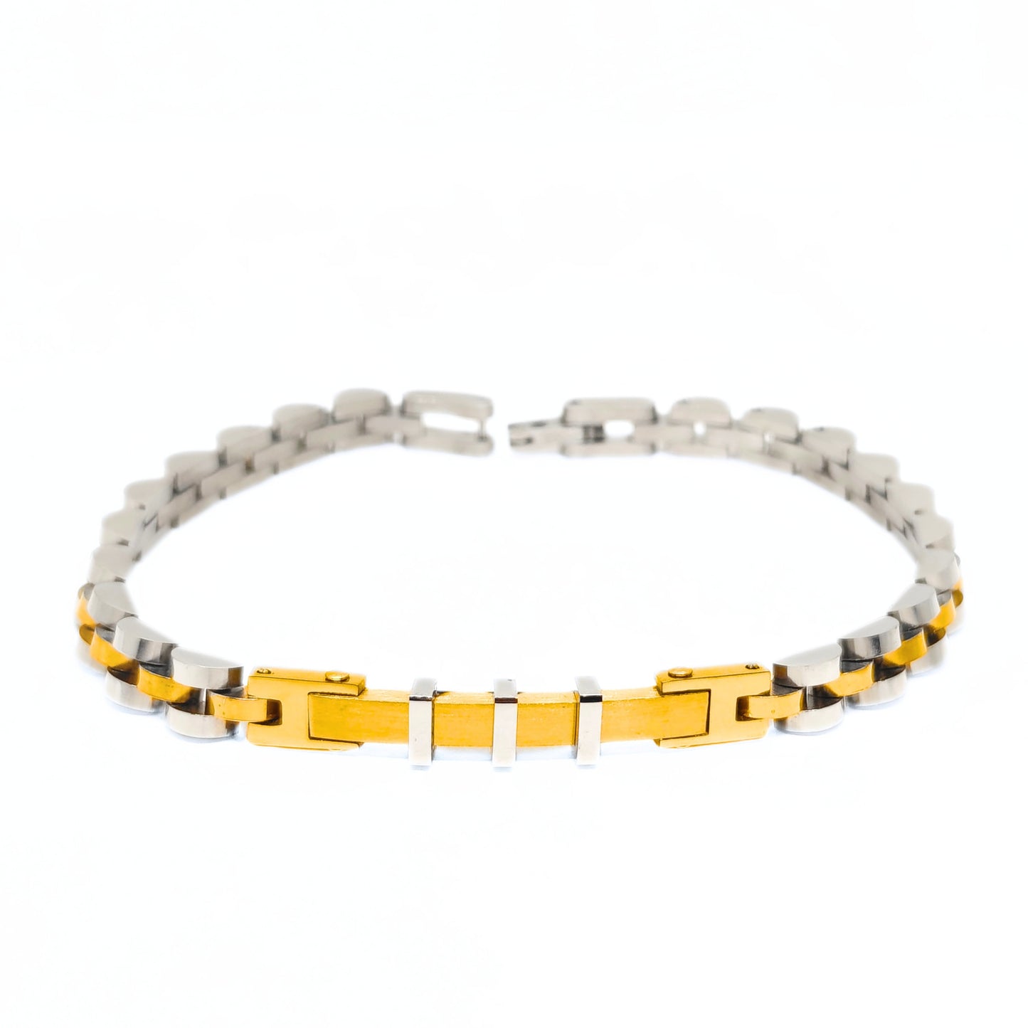Two-tone stainless steel bracelet with alternating silver and gold links