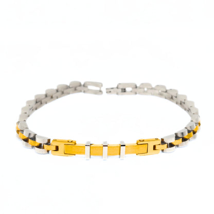 Two-tone stainless steel bracelet with alternating silver and gold links