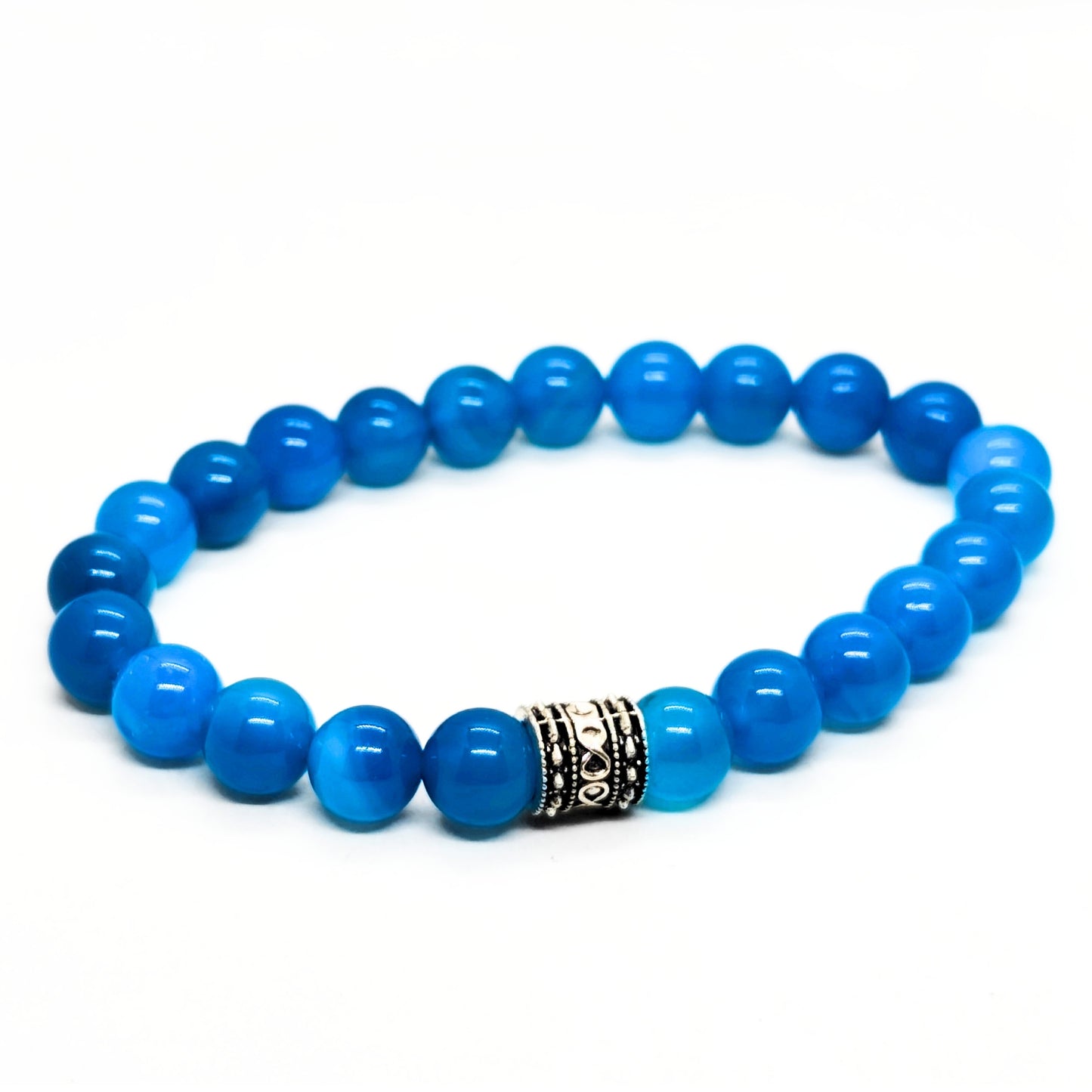 Men's blue agate bead bracelet with ornate dark metal accent center.