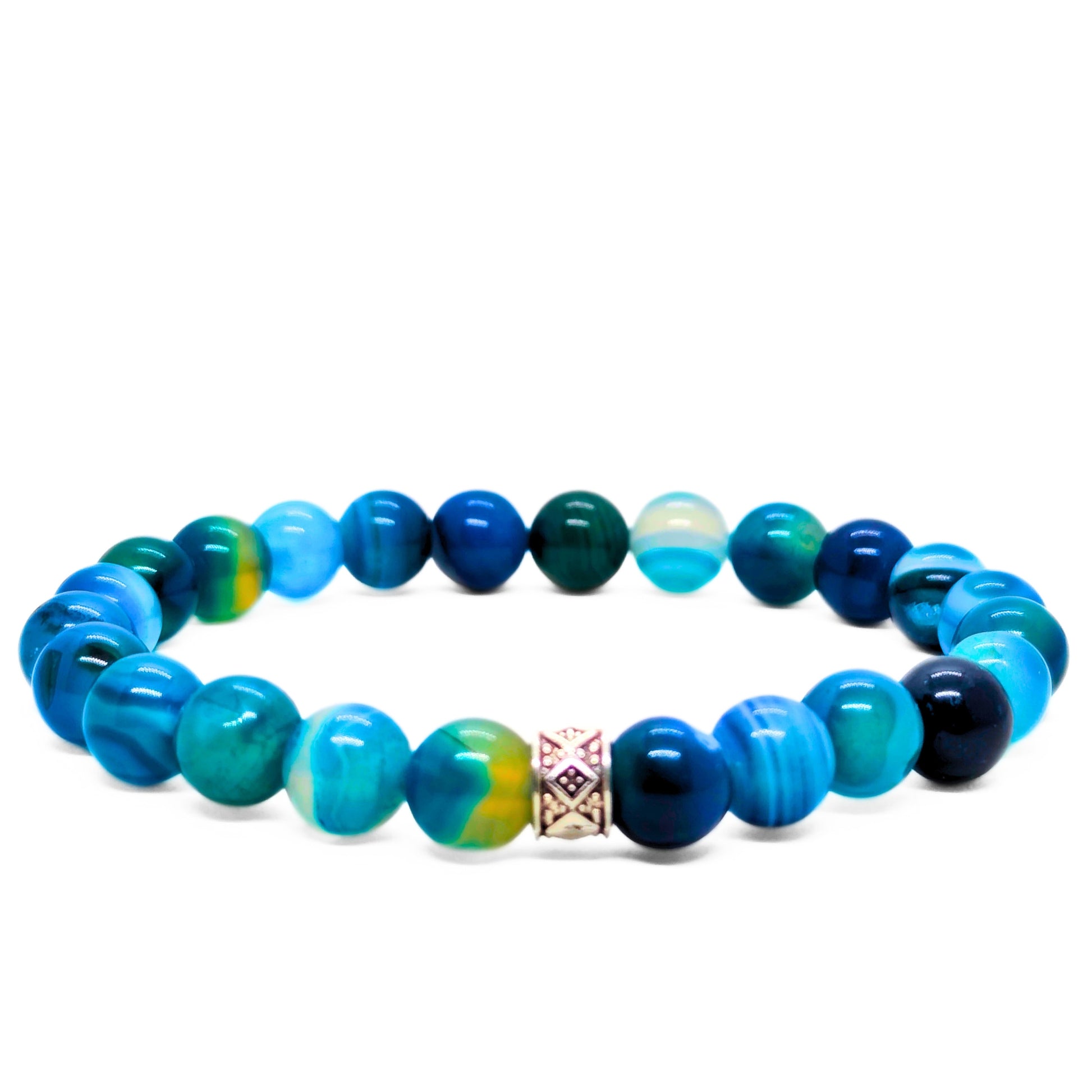 Men’s agate bead bracelet with blue and teal round stones, silver diamond clasp