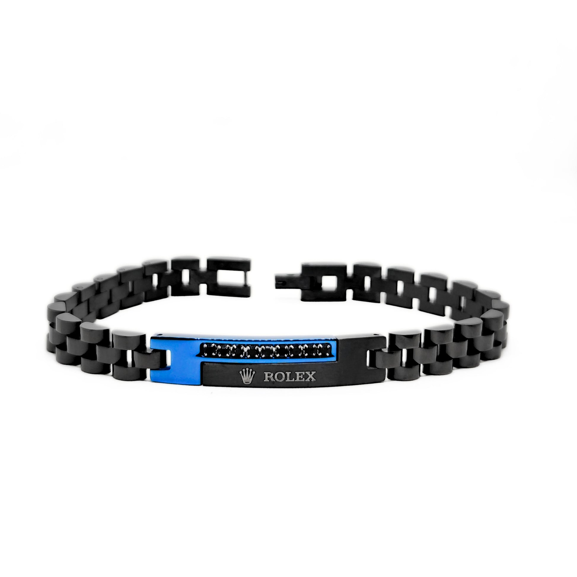 Blue and black stainless steel B-151 bracelet for men by Overpowered Accessories, featuring a sleek design and clasp.
