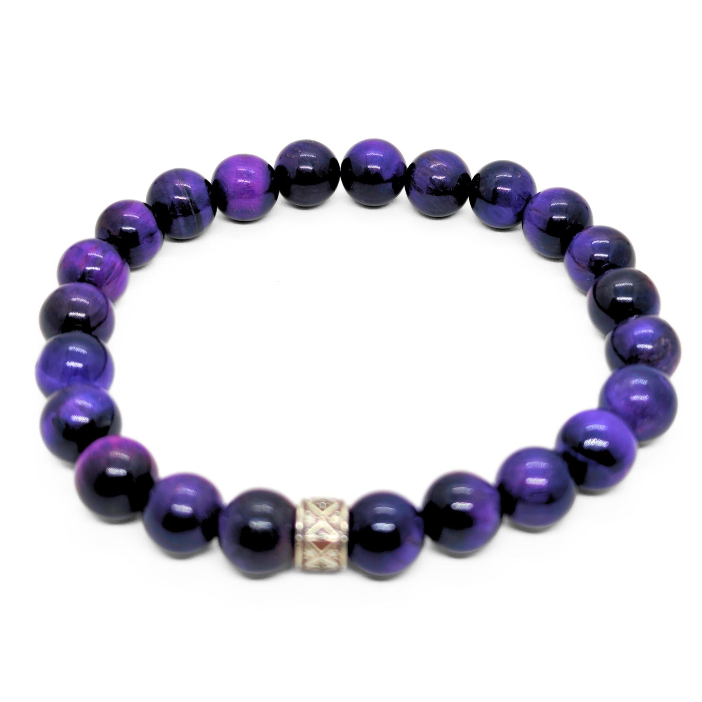 Men's purple and black tiger's eye bead bracelet with silver-tone square accent