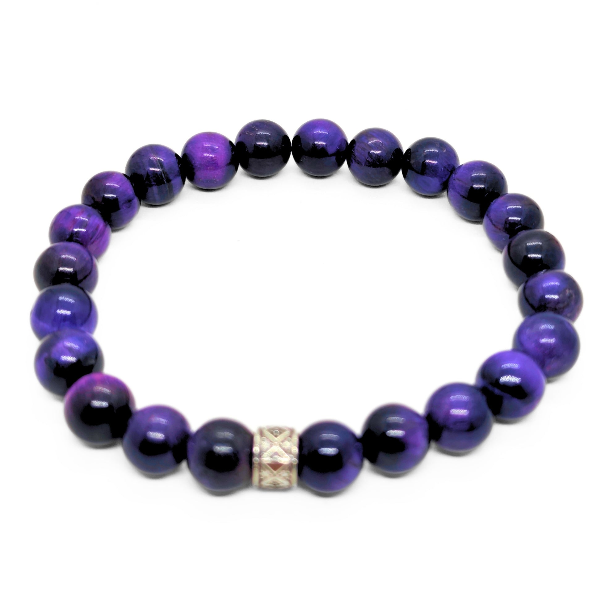 Men's purple and black tiger's eye bead bracelet with silver-tone square accent