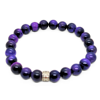 Men's purple and black tiger's eye bead bracelet with silver-tone square accent