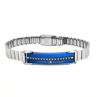 Men's silver stainless steel link bracelet with blue center ID plate and watch-style clasp, front view, B-203, Overpowered Accessories