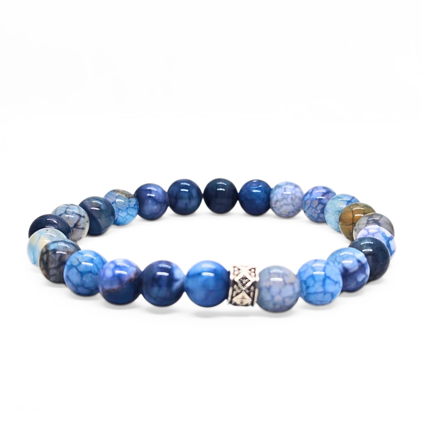 Blue agate bead bracelet with textured metal centerpiece and gold accent bead