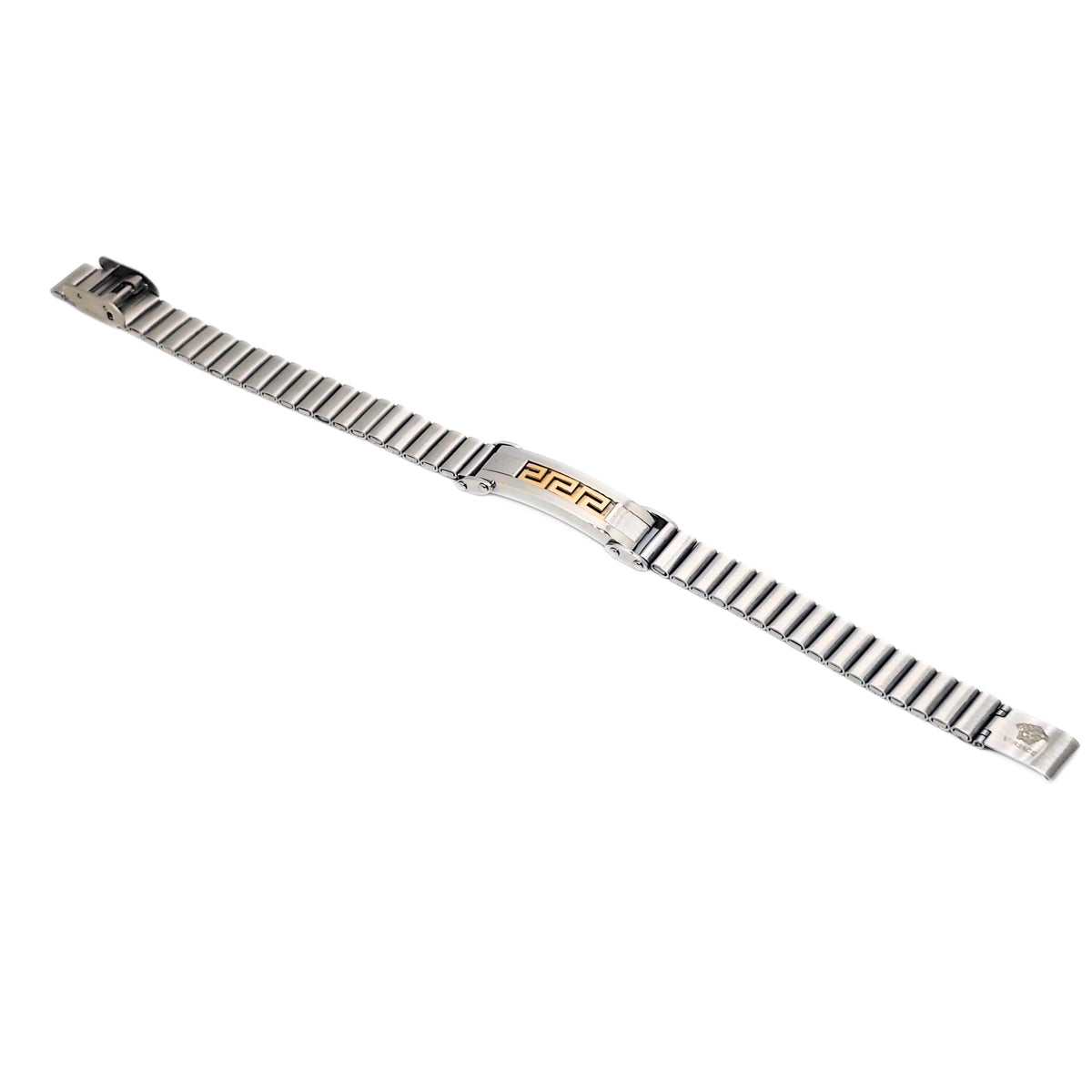 Silver stainless steel watch-link bracelet with gold-tone Greek key plate laid flat, B-204, Overpowered Accessories