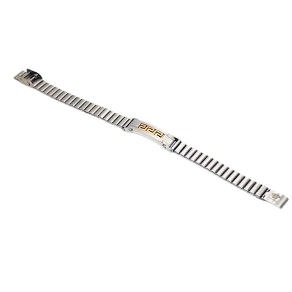 Silver stainless steel watch-link bracelet with gold-tone Greek key plate laid flat, B-204, Overpowered Accessories