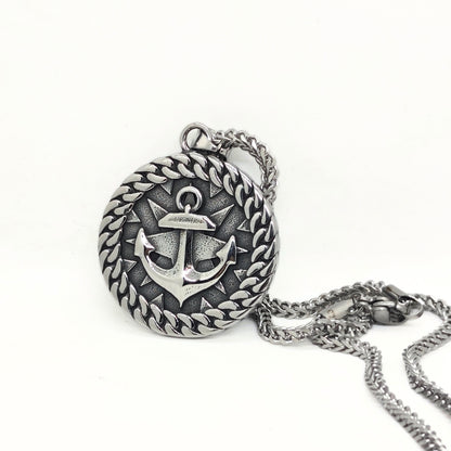 Silver steel anchor pendant necklace with a braided edge design, featuring a prominent anchor symbol.