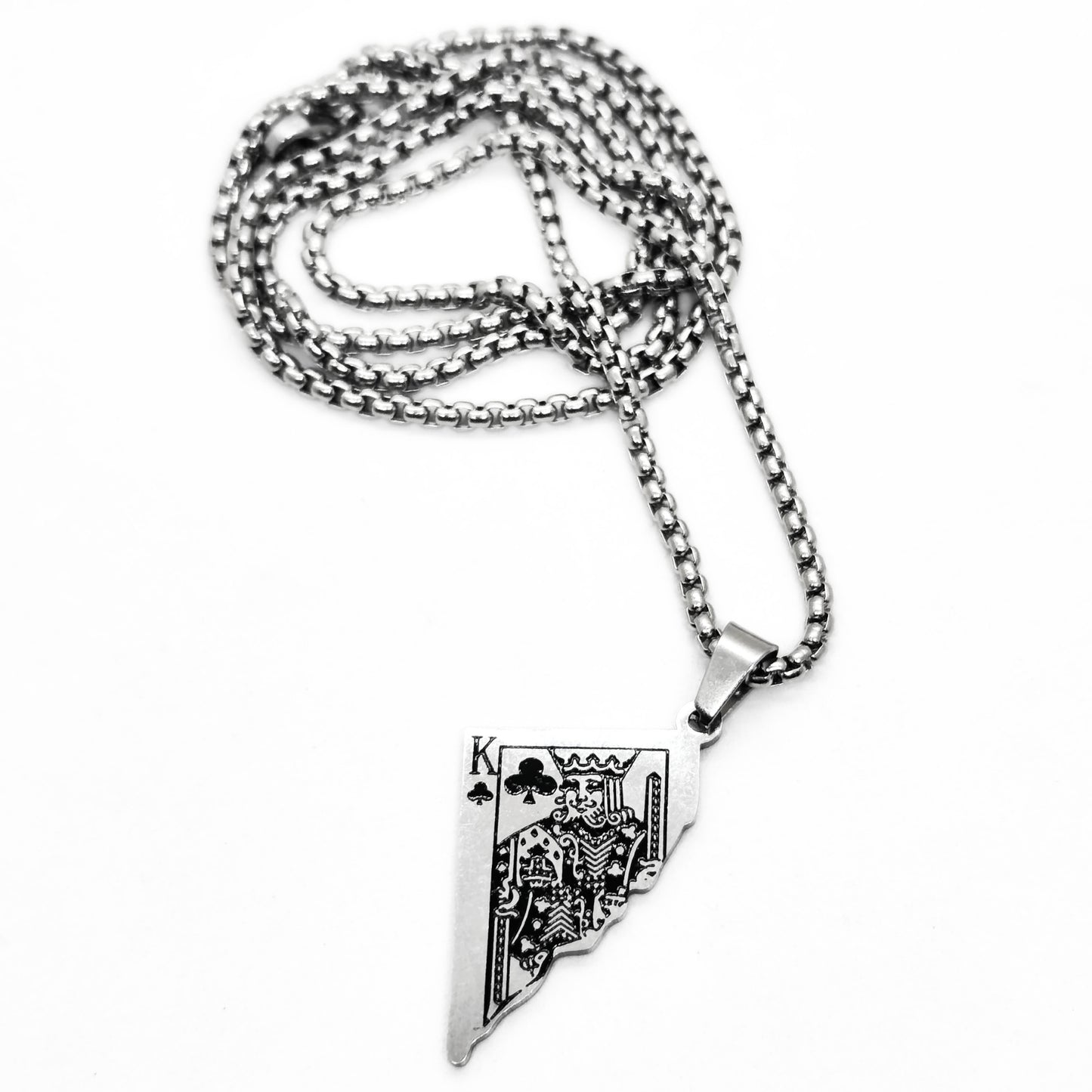 Silver King Card Pendant necklace with intricate design, attached to a chain, from Overpowered Accessories.