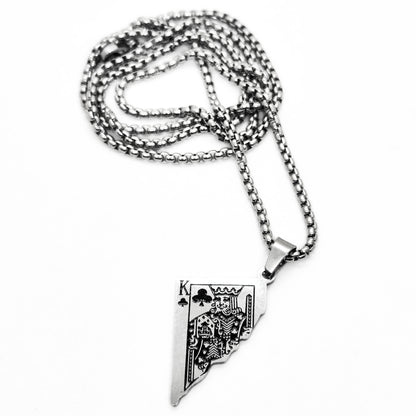 Silver King Card Pendant necklace with intricate design, attached to a chain, from Overpowered Accessories.