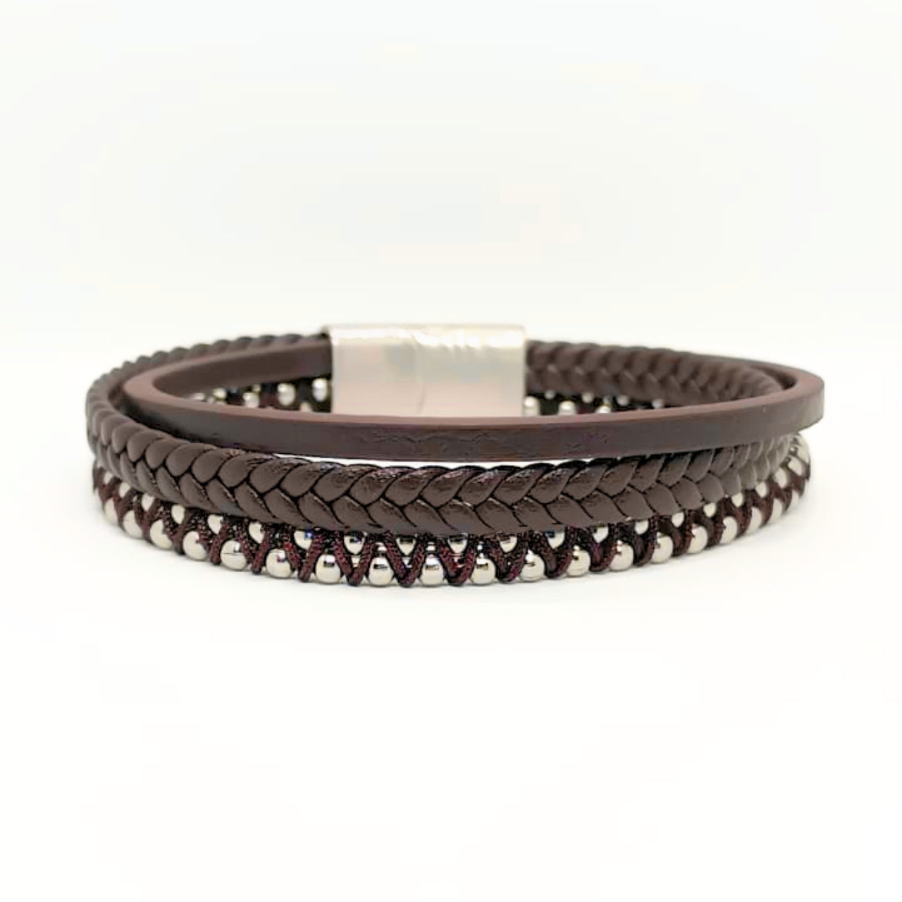 Premium Brown Leather Bracelet with Beads Silver Stainless Steel B-92 - Overpowered Accessories | Egypt