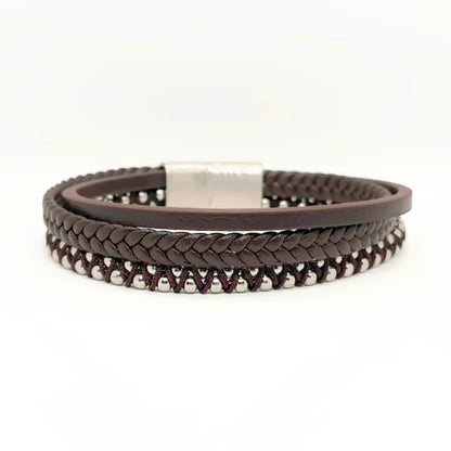 Premium Brown Leather Bracelet with Beads Silver Stainless Steel B-92 - Overpowered Accessories | Egypt