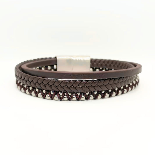 Premium Brown Leather Bracelet with Beads Silver Stainless Steel B-92 - Overpowered Accessories | Egypt