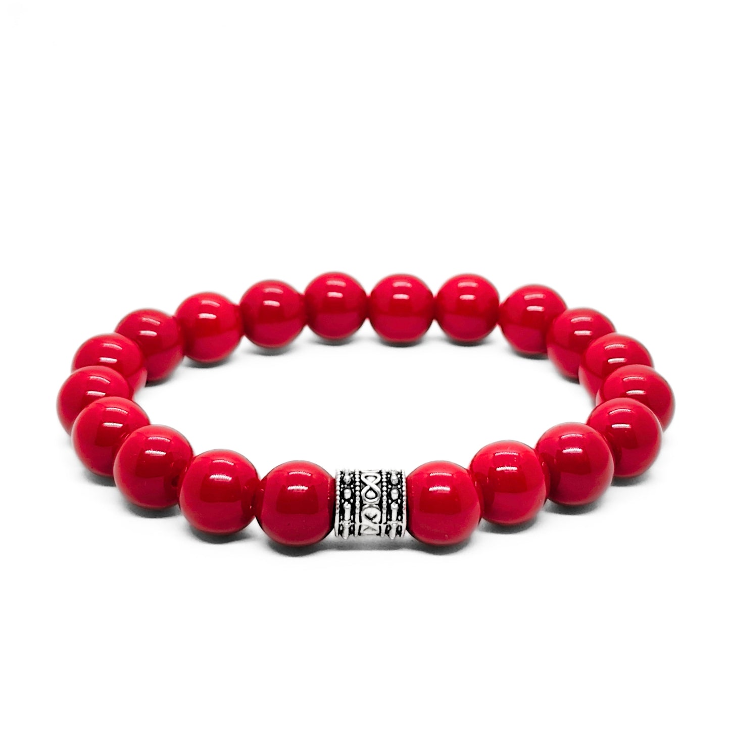 Men's red beaded agate bracelet with silver-tone patterned center spacer
