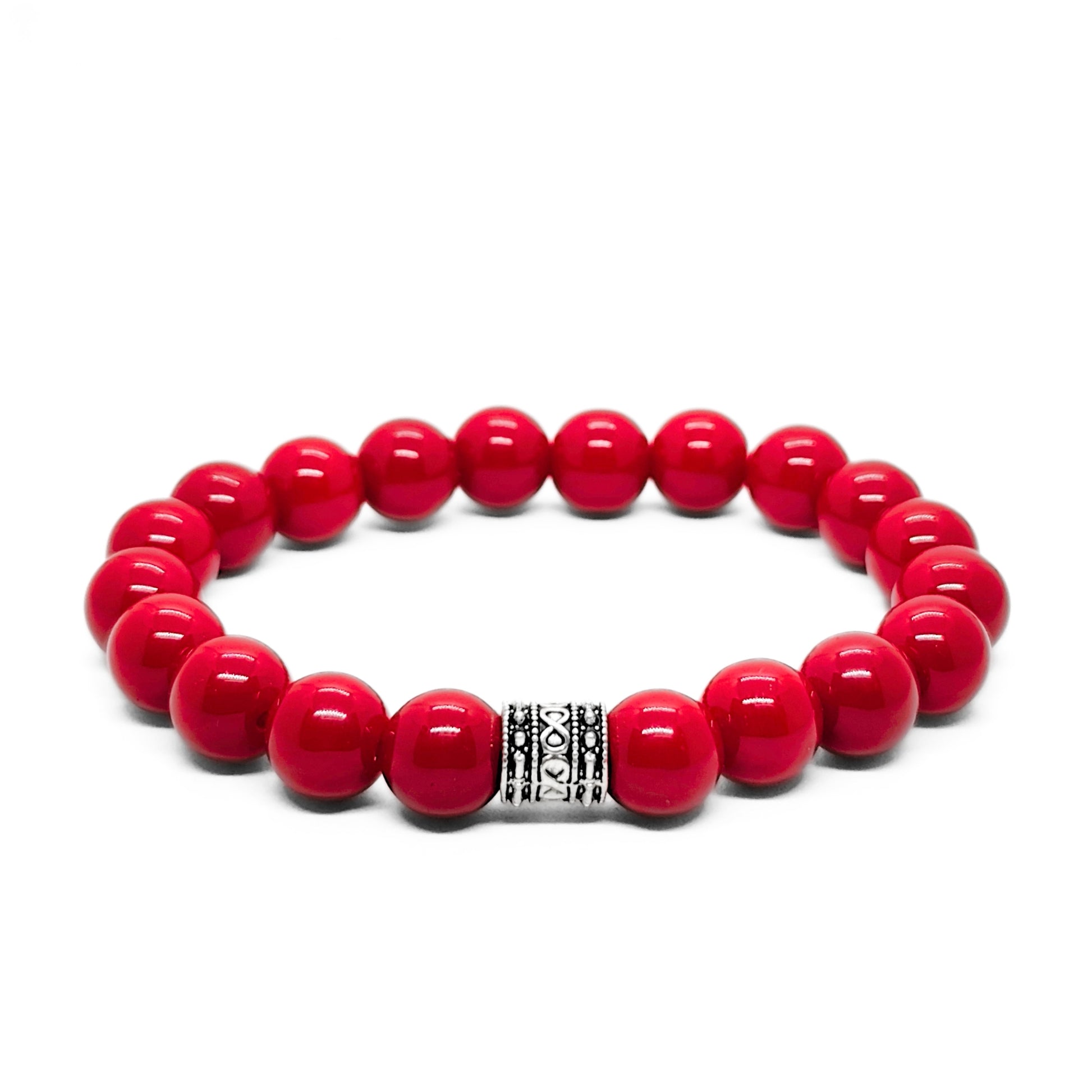 Men's red beaded agate bracelet with silver-tone patterned center spacer