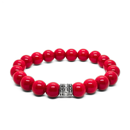 Men's red beaded agate bracelet with silver-tone patterned center spacer