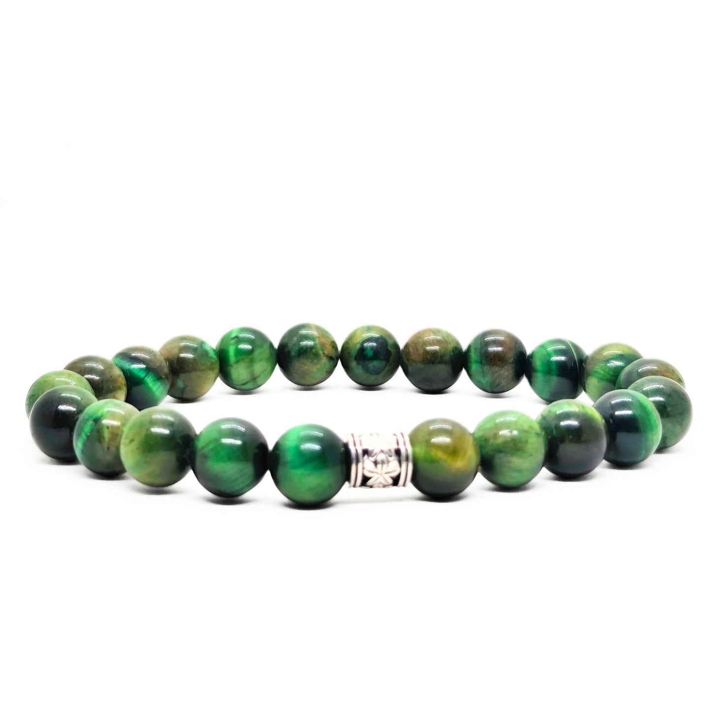 Green tiger's eye beaded bracelet with silver-toned clasp spacer centerpiece.