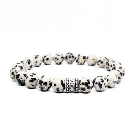 Dalmatian jasper bead bracelet with silver-tone centerpiece bead, black-and-white speckles