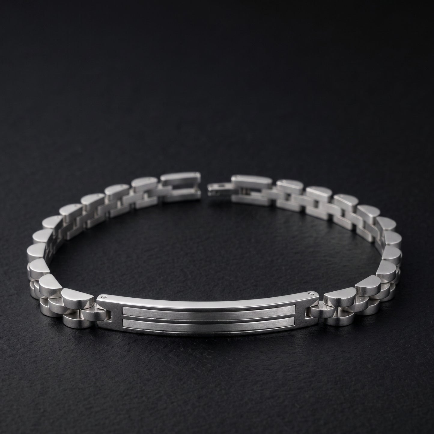 Silver stainless steel link bracelet with hinged clasp and horizontal bar center panel