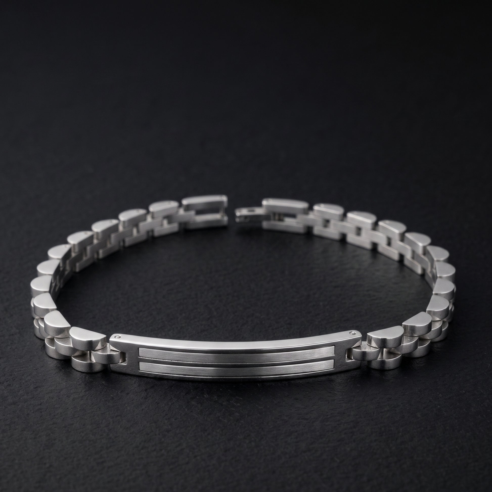 Silver stainless steel link bracelet with hinged clasp and horizontal bar center panel