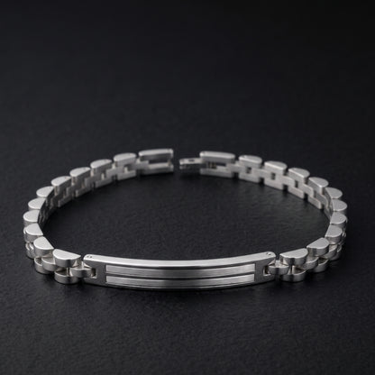 Silver stainless steel link bracelet with hinged clasp and horizontal bar center panel