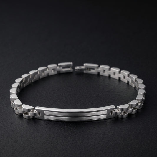 Silver stainless steel link bracelet with hinged clasp and horizontal bar center panel